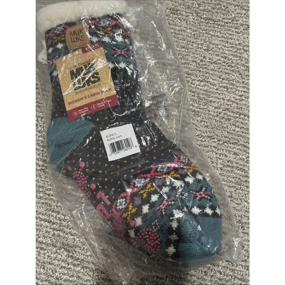 Muk Luks Women's Patterned Cabin Socks in Teal, Pink & Black